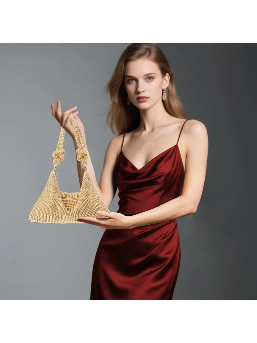 Women’s Gold Beads Rhinestone Mesh Clutch Evening Handbag Wedding Party Purse